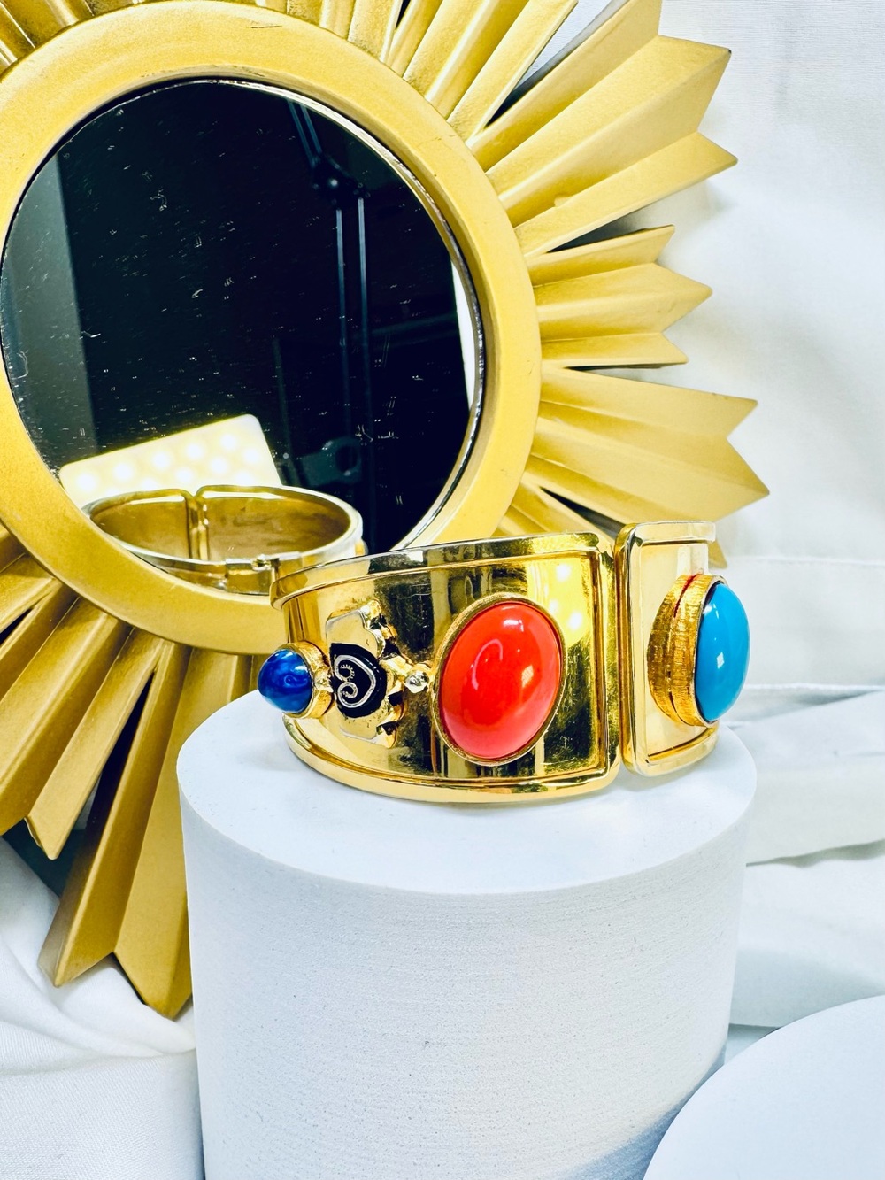 1980’s Hinged Gold Cuff Bracelet adorned with Cabochon Stones